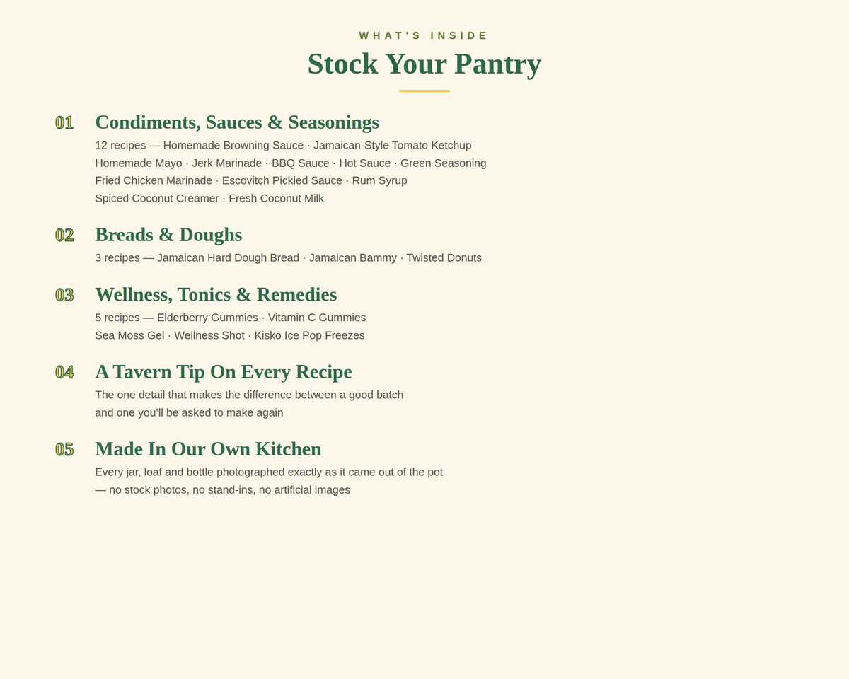 What's inside Jerk Tavern Pantry Essentials - condiments, breads and wellness recipes