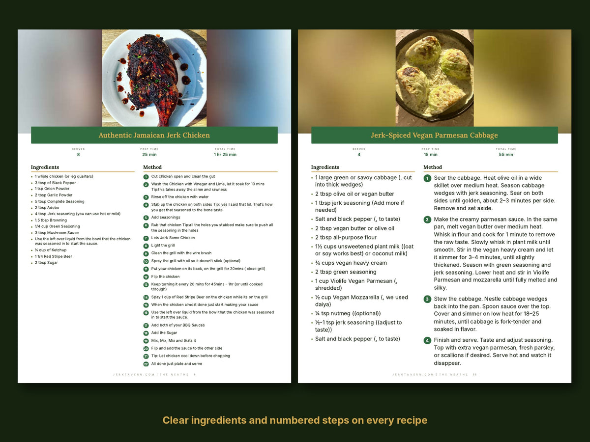 Jerk recipe pages with ingredients and steps