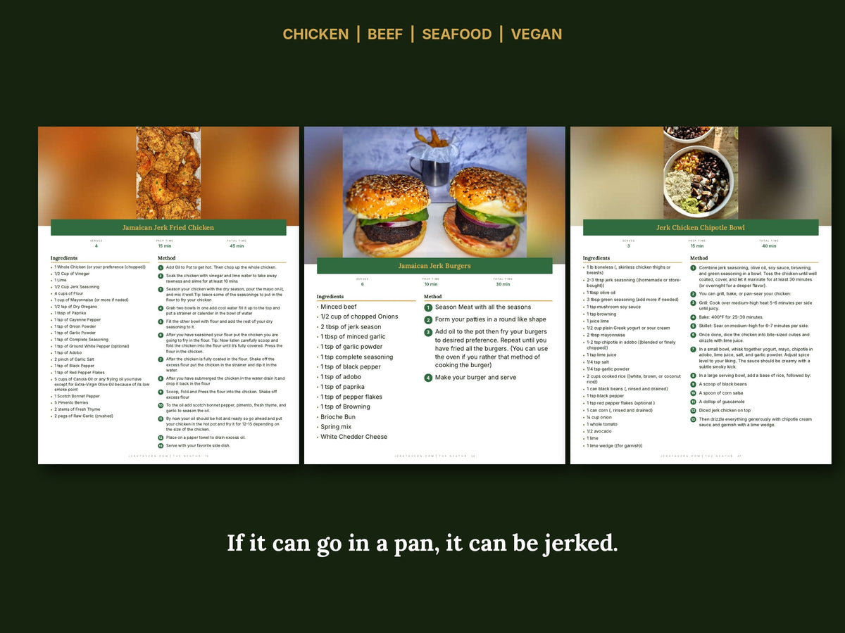 Chicken, beef, seafood and vegan jerk recipes