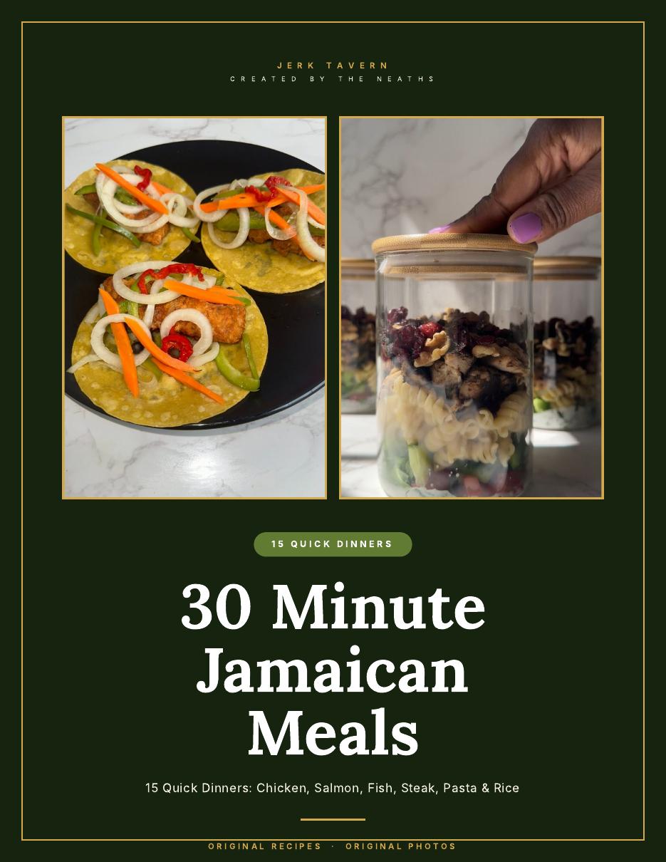 30 Minute Jamaican Meals ebook cover, 15 quick dinners