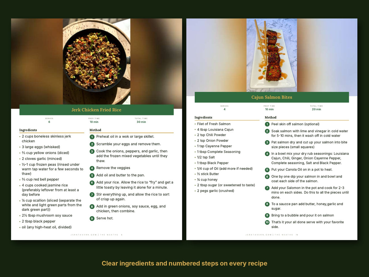 Recipe pages with ingredients and steps