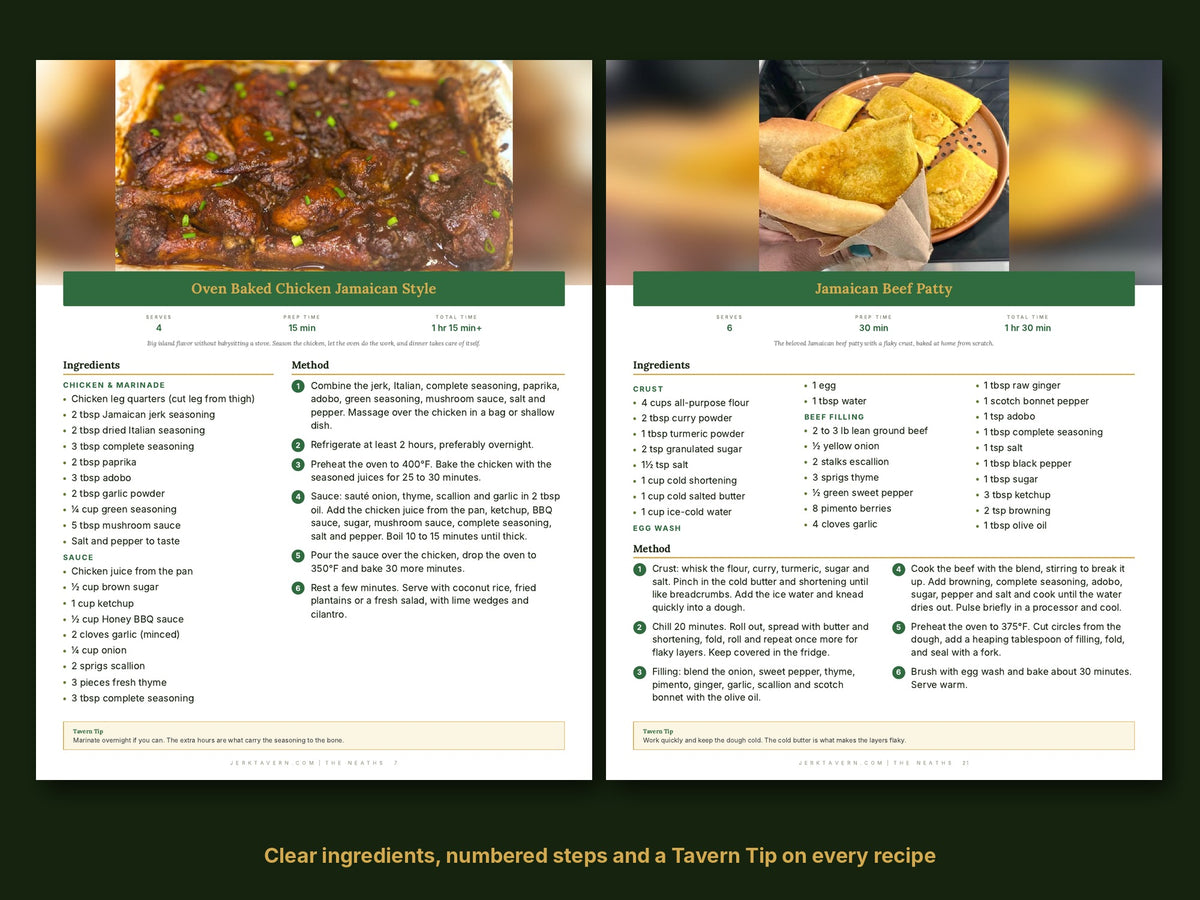 Recipe pages with ingredients, steps and Tavern Tips