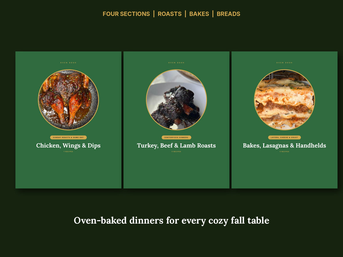 Four sections: roasts, bakes, breads